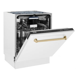 ZLINE Autograph Edition 24 in. 3rd Rack Top Control Tall Tub Dishwasher in White Matte with Champagne Bronze Accent Handle, 51dBa (DWVZ-WM-24-CB) side, half open.