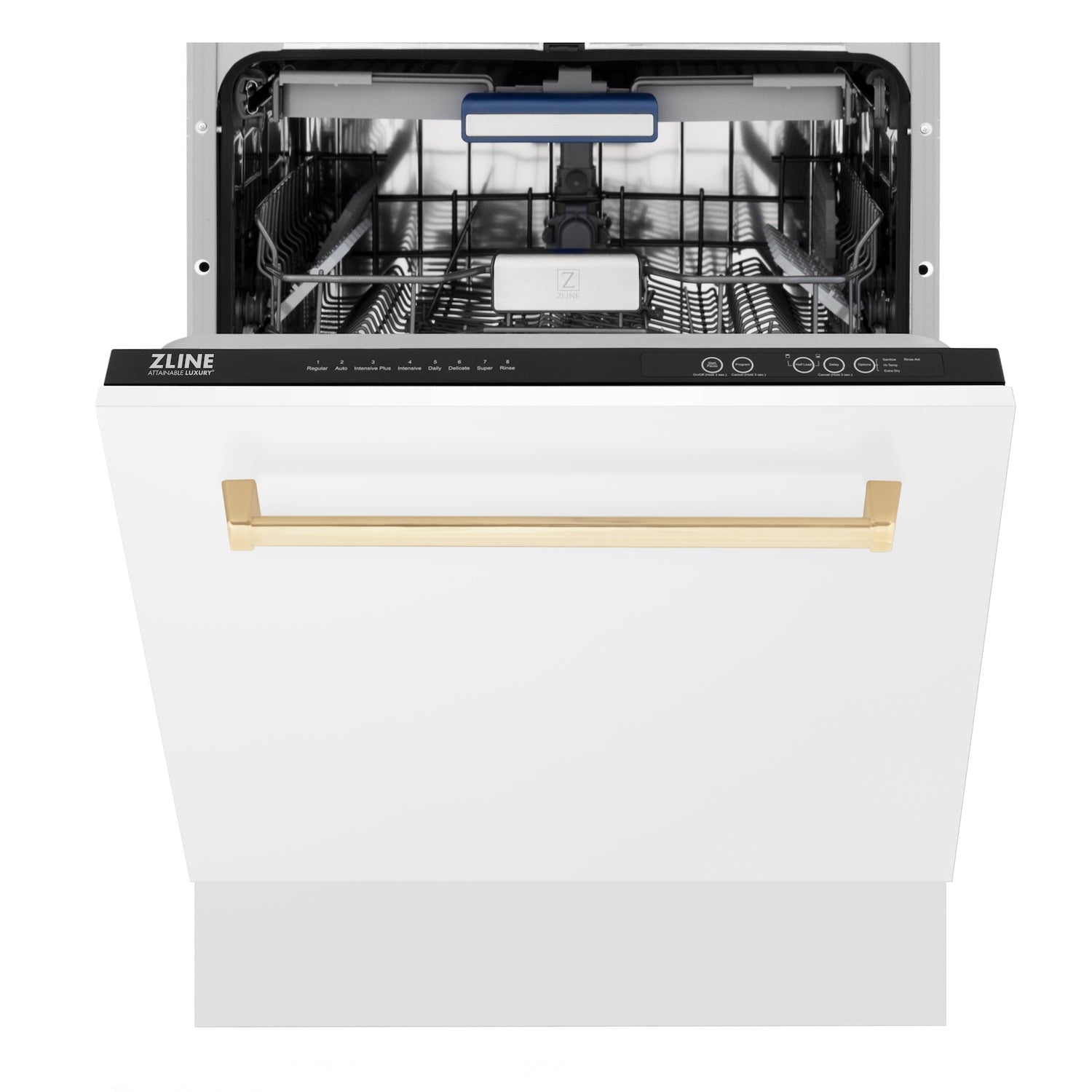 ZLINE Autograph Edition 24 in. 3rd Rack Top Control Tall Tub Dishwasher in White Matte with Polished Gold Accent Handle, 51dBa (DWVZ-WM-24-G) front, half open.