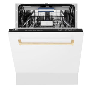 ZLINE Autograph Edition 24 in. 3rd Rack Top Control Tall Tub Dishwasher in White Matte with Polished Gold Accent Handle, 51dBa (DWVZ-WM-24-G)-Dishwashers-DWVZ-WM-24-G ZLINE Kitchen and Bath