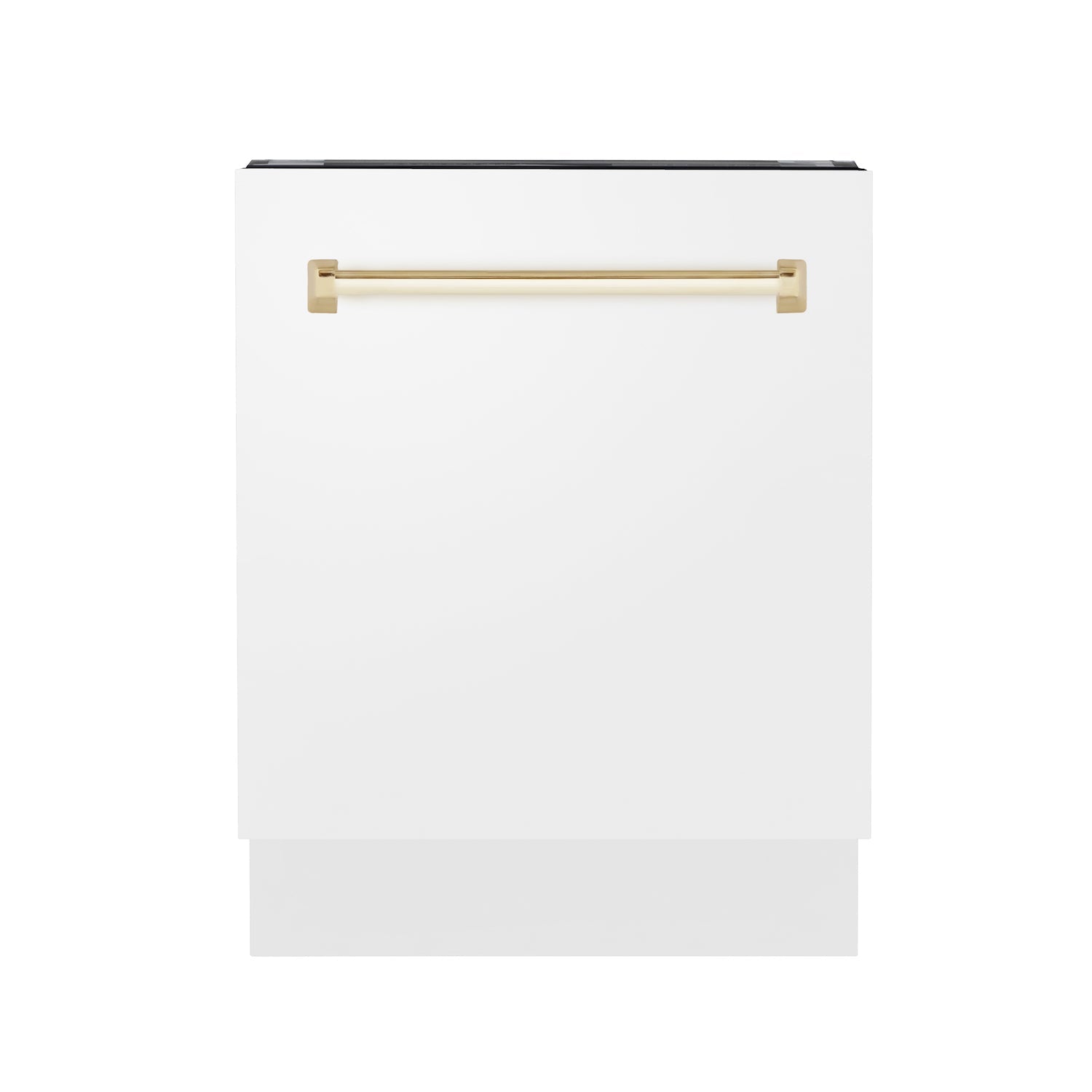 ZLINE Autograph Edition 24 in. 3rd Rack Top Control Tall Tub Dishwasher in White Matte with Polished Gold Accent Handle, 51dBa (DWVZ-WM-24-G) front, closed.