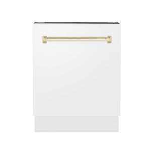 ZLINE Autograph Edition 24 in. 3rd Rack Top Control Tall Tub Dishwasher in White Matte with Polished Gold Accent Handle, 51dBa (DWVZ-WM-24-G) front.