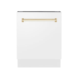 ZLINE Autograph Edition 24 in. 3rd Rack Top Control Tall Tub Dishwasher in White Matte with Polished Gold Accent Handle, 51dBa (DWVZ-WM-24-G) front, closed.