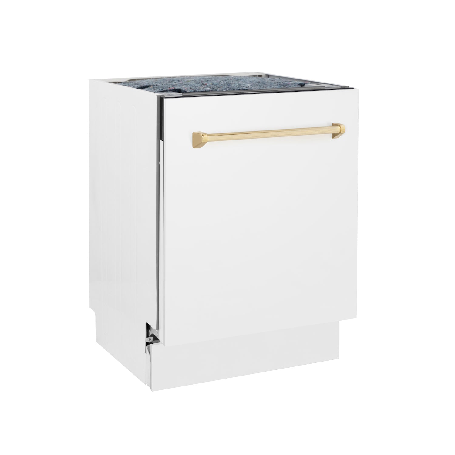 ZLINE Autograph Edition 24 in. 3rd Rack Top Control Tall Tub Dishwasher in White Matte with Polished Gold Accent Handle, 51dBa (DWVZ-WM-24-G) side, closed.