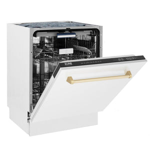 ZLINE Autograph Edition 24 in. 3rd Rack Top Control Tall Tub Dishwasher in White Matte with Polished Gold Accent Handle, 51dBa (DWVZ-WM-24-G) side, half open.