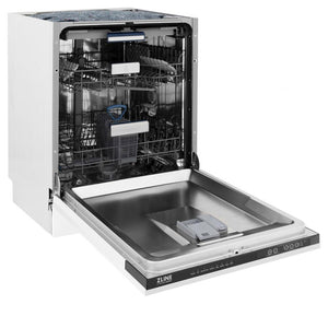 ZLINE Autograph Edition 24 in. 3rd Rack Top Control Tall Tub Dishwasher in White Matte with Matte Black Accent Handle, 51dBa (DWVZ-WM-24-MB) side, open.