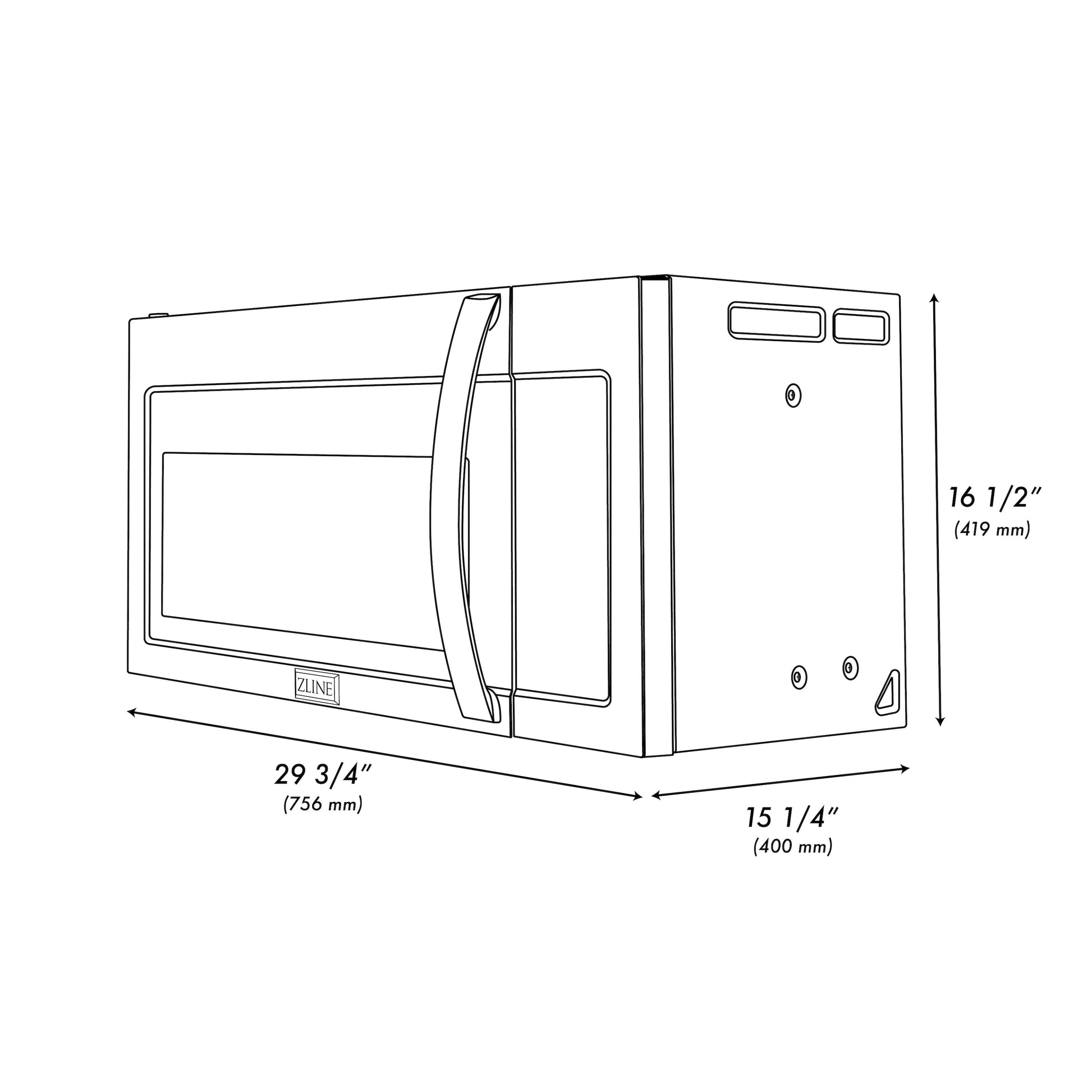 ZLINE Black Stainless Steel Over the Range Convection Microwave Oven with Modern Handle (MWO-OTR-30-BS) dimensional diagram with measurements.