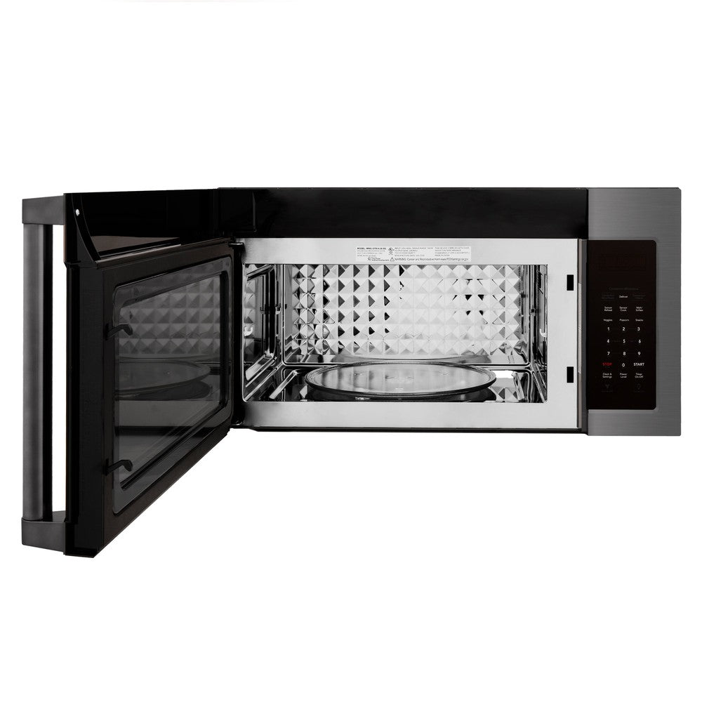 ZLINE 30 in. Black Stainless Steel Over the Range Microwave (MWO-OTR-H-BS) front, open.