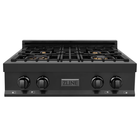 ZLINE 30 in. Porcelain Rangetop in Black Stainless with Brass Burners (RTB-BR-30) front.