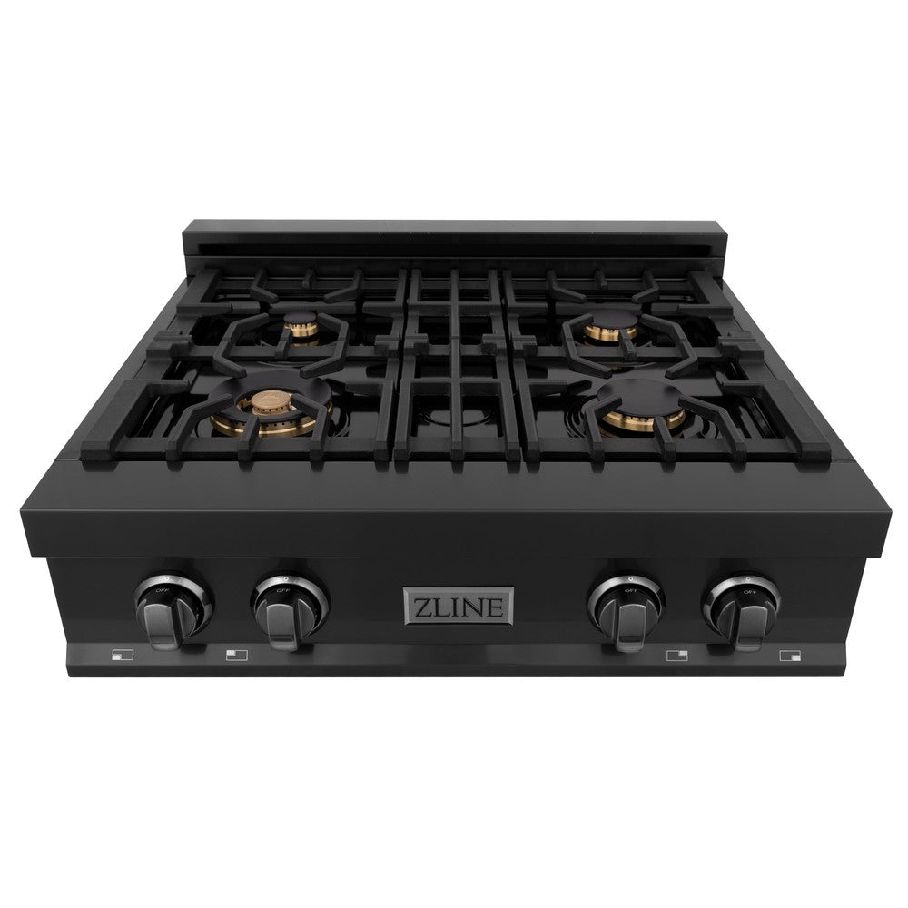 ZLINE 30 in. Porcelain Rangetop in Black Stainless with Brass Burners (RTB-BR-30) front, high angle