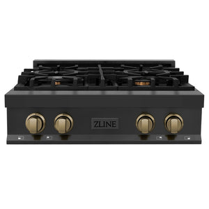 ZLINE Autograph Edition 30 in. Legacy Gas Rangetop with 4 Burners and Porcelain Cooktop in Black Stainless Steel with Champagne Bronze Accents (RTBZ-30-CB) front.
