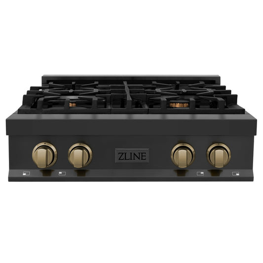 ZLINE Autograph Edition 30 in. Legacy Gas Rangetop with 4 Burners and Porcelain Cooktop in Black Stainless Steel with Champagne Bronze Accents (RTBZ-30-CB) front.