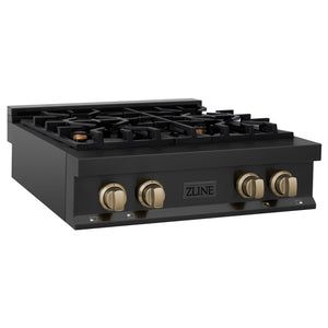 ZLINE Autograph Edition 30 in. Porcelain Rangetop with 4 Gas Burners in Black Stainless Steel and Champagne Bronze Accents (RTBZ-30-CB) side.