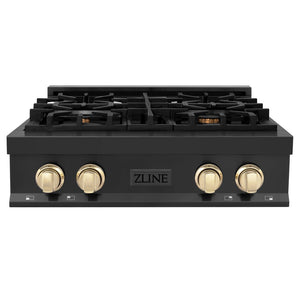 ZLINE Autograph Edition 30 in. Legacy Gas Rangetop with 4 Burners and Porcelain Cooktop in Black Stainless Steel with Polished Gold Accents (RTBZ-30-G) front.