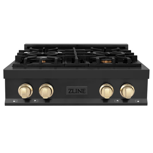 ZLINE Autograph Edition 30 in. Legacy Gas Rangetop with 4 Burners and Porcelain Cooktop in Black Stainless Steel with Polished Gold Accents (RTBZ-30-G) front.