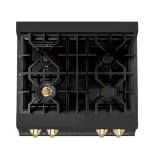 ZLINE Autograph Edition 30 in. Legacy Gas Rangetop with 4 Burners and Porcelain Cooktop in Black Stainless Steel with Polished Gold Accents (RTBZ-30-G) from above showing gas burners and cast-iron grates.