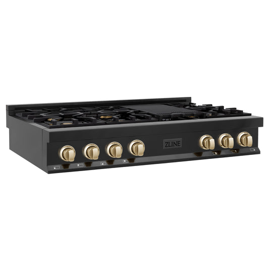 ZLINE Autograph Edition 48 in. Porcelain Rangetop with 7 Gas Burners in Black Stainless Steel and Polished Gold Accents (RTBZ-48-G) side.