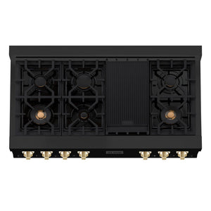 ZLINE Autograph Edition 48 in. Porcelain Rangetop with 7 Gas Burners in Black Stainless Steel and Polished Gold Accents (RTBZ-48-G) from above showing gas burners and cast-iron grates.