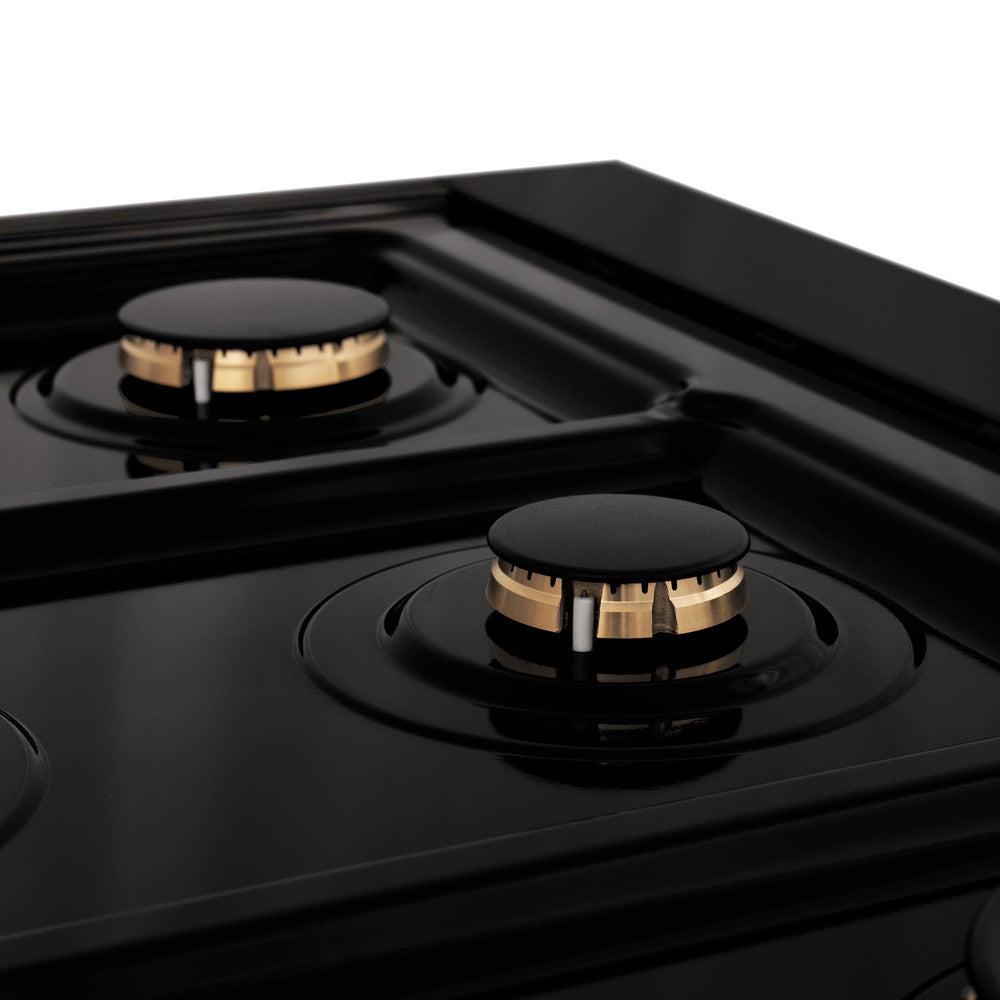 ZLINE brass burners on black porcelain cooktop with no grates.