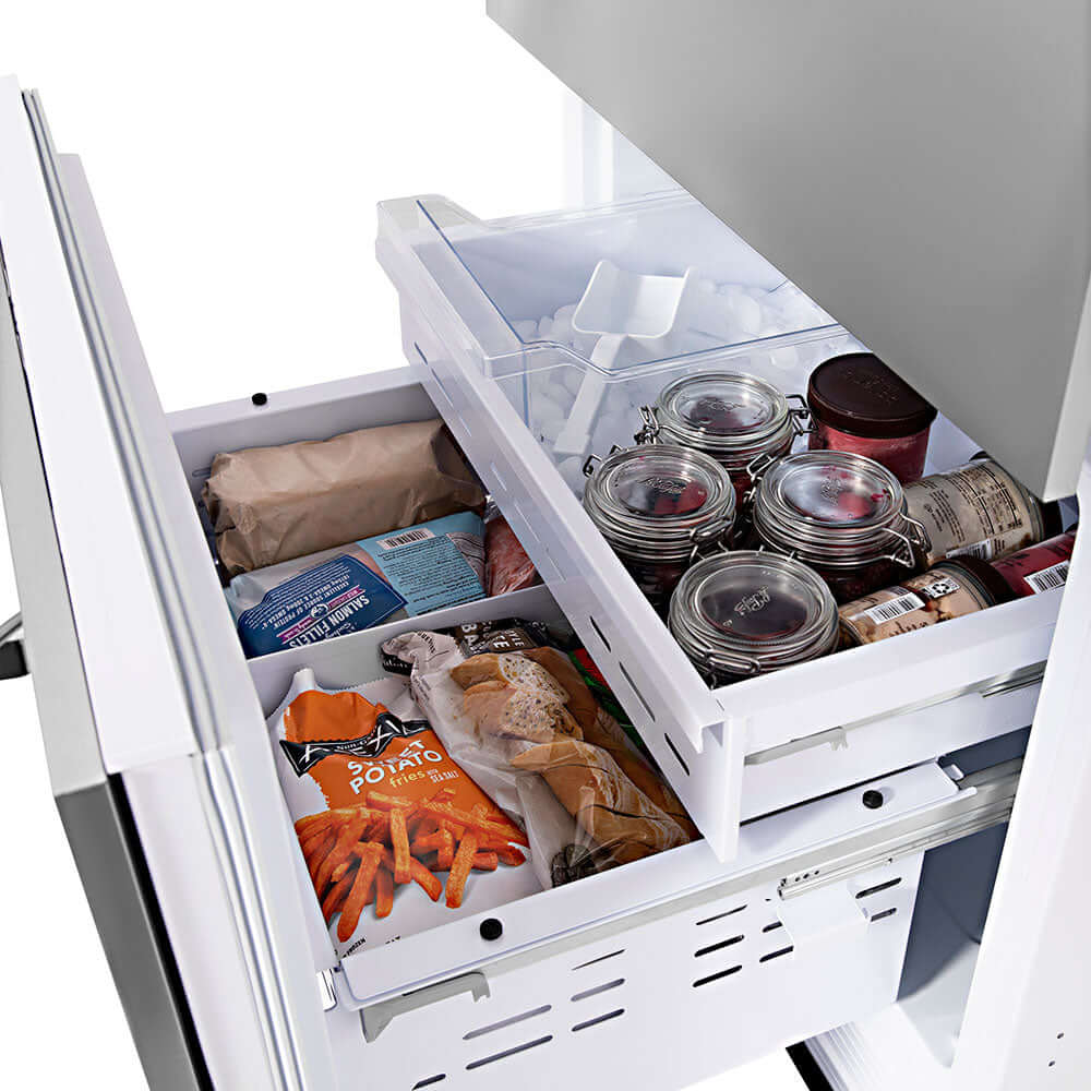 ZLINE 30 in. 16.1 cu. ft. Built-In 2-Door Bottom Freezer Refrigerator with Internal Water and Ice Dispenser in Stainless Steel (RBIV-304-30) bottom freezer drawer open with food and ice inside close-up.