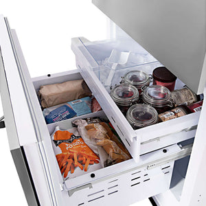 ZLINE 30 in. 16.1 cu. ft. Panel Ready Built-In 2-Door Bottom Freezer Refrigerator with Internal Water and Ice Dispenser (RBIV-30) bottom freezer drawer open with food and ice inside close-up.