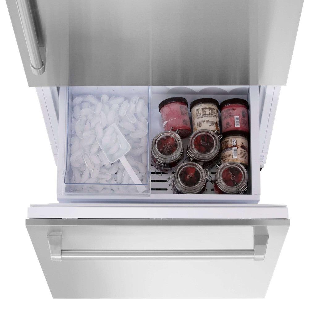 ZLINE 30 in. 16.1 cu. ft. Panel Ready Built-In 2-Door Bottom Freezer Refrigerator with Internal Water and Ice Dispenser (RBIV-30) bottom freezer drawer open with food and ice from above.