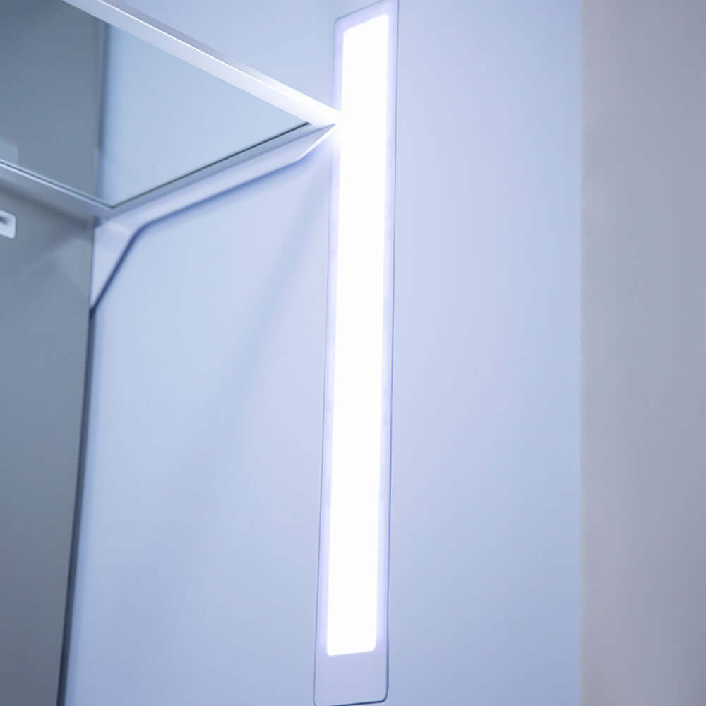 ZLINE 30 in. 16.1 cu. ft. Built-In 2-Door Bottom Freezer Refrigerator with Internal Water and Ice Dispenser in Stainless Steel (RBIV-304-30) features interior LED lighting.