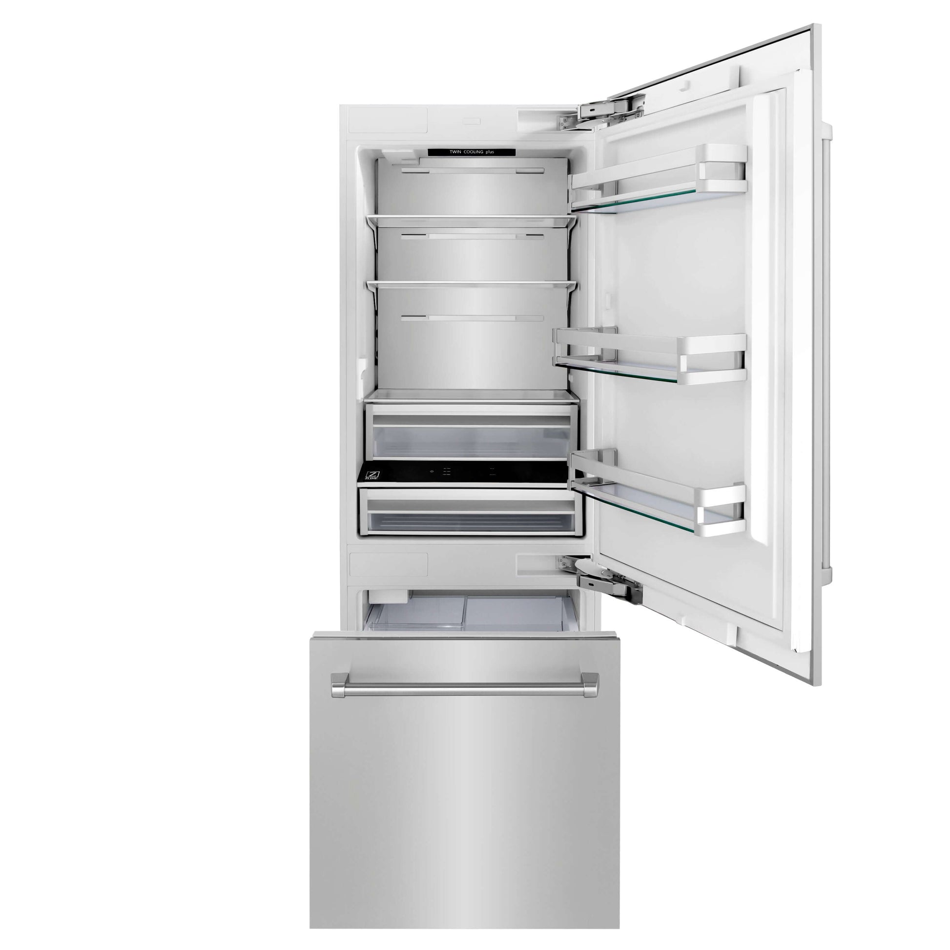 ZLINE 30 in. 16.1 cu. ft. Built-In 2-Door Bottom Freezer Refrigerator with Internal Water and Ice Dispenser in Stainless Steel (RBIV-304-30) front, doors and bottom freezer drawer open.