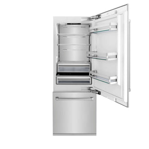 ZLINE 30 in. 16.1 cu. ft. Built-In 2-Door Bottom Freezer Refrigerator with Internal Water and Ice Dispenser in Stainless Steel (RBIV-304-30) front, doors open.