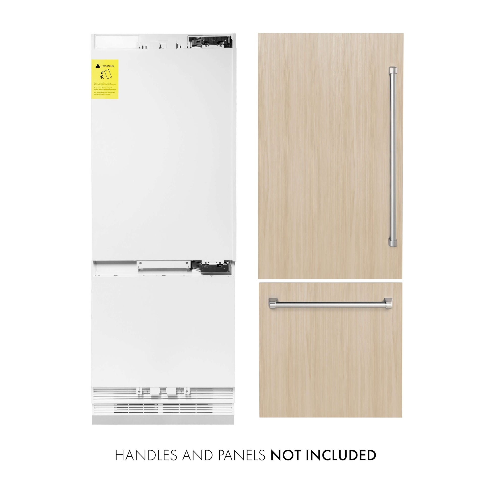 ZLINE 30 in. 16.1 cu. ft. Panel Ready Built-In 2-Door Bottom Freezer Refrigerator with Internal Water and Ice Dispenser (RBIV-30) front, next to custom panels and handles NOT included.