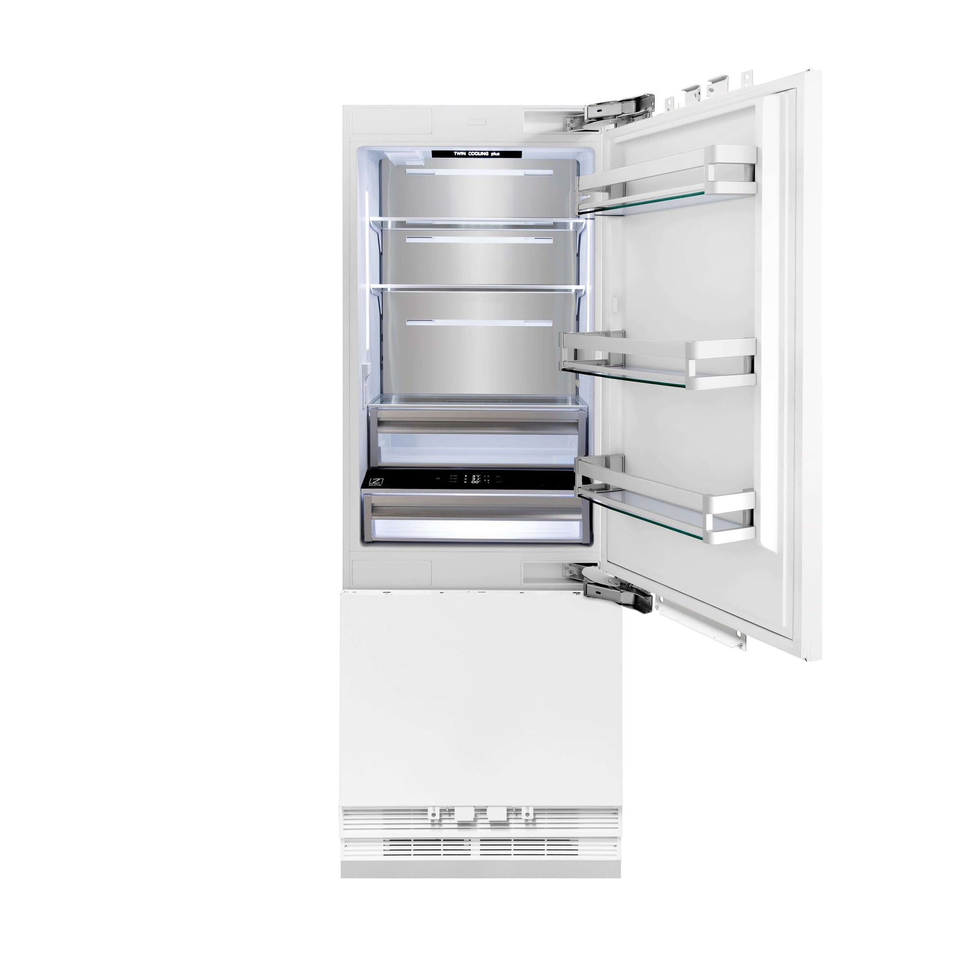ZLINE 30 in. 16.1 cu. ft. Panel Ready Built-In 2-Door Bottom Freezer Refrigerator with Internal Water and Ice Dispenser (RBIV-30) front, doors open.