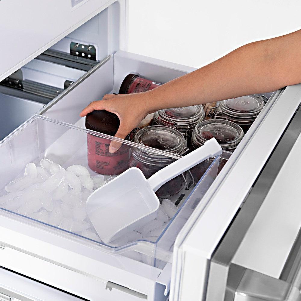 Using bottom freezer drawer on ZLINE 60 in. 32.2 cu. ft. Built-In 4-Door French Door Refrigerator with Internal Water and Ice Dispenser in Stainless Steel (RBIV-304-60)