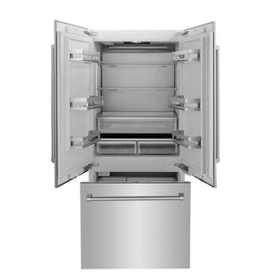ZLINE 36 in. 19.6 cu. ft. Built-In 3-Door French Door Refrigerator with Internal Water and Ice Dispenser in Stainless Steel (RBIV-304-36) front, doors and bottom freezer drawer open.