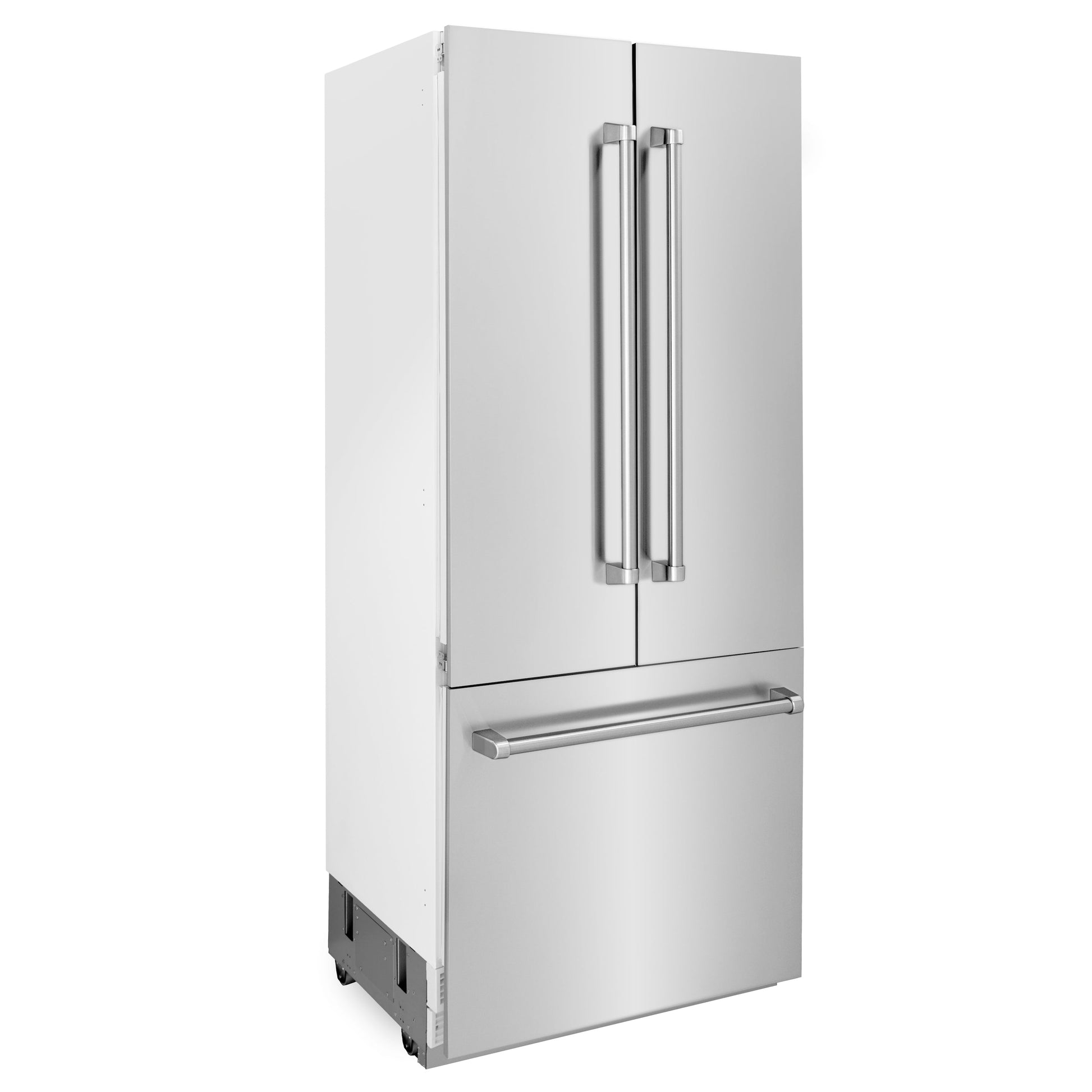 ZLINE 36 in. 19.6 cu. ft. Built-In 3-Door French Door Refrigerator with Internal Water and Ice Dispenser in Stainless Steel (RBIV-304-36) side, doors closed.