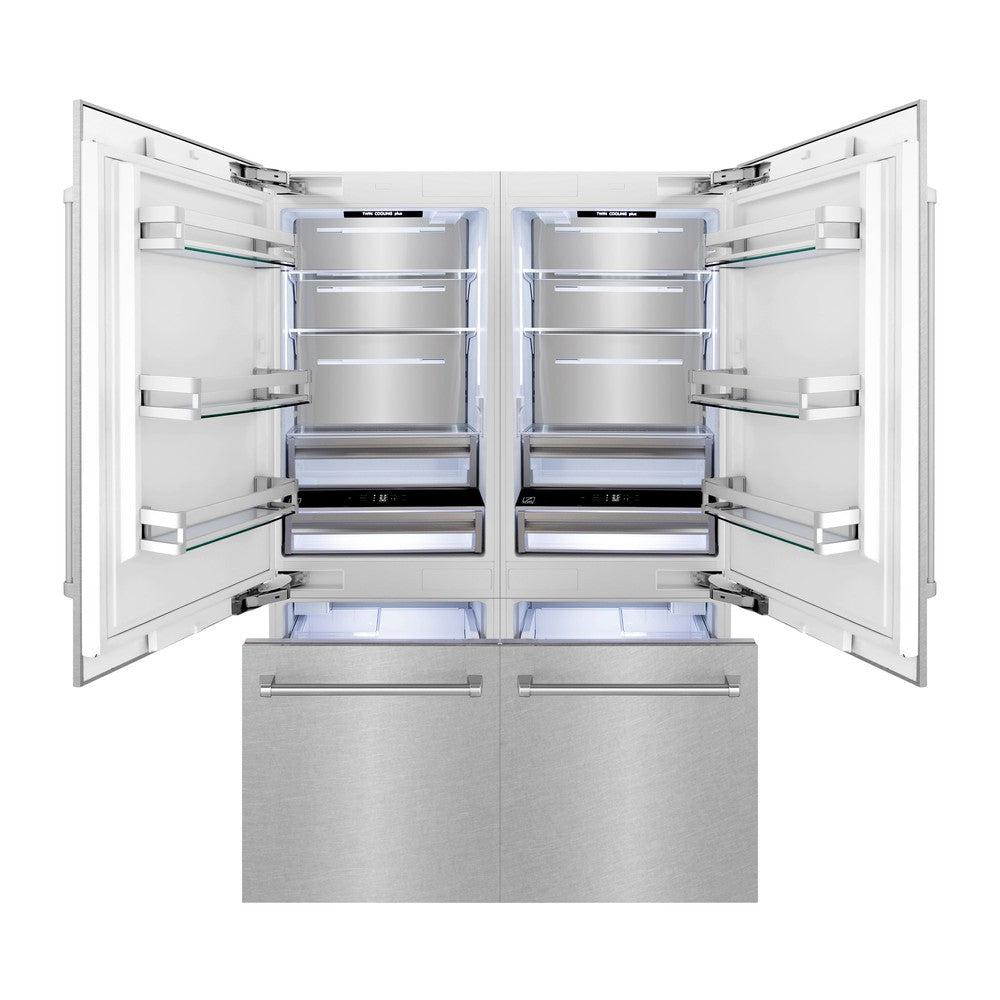 ZLINE 60 in. 32.2 cu. ft. Built-In 4-Door French Door Refrigerator with Internal Water and Ice Dispenser in Fingerprint Resistant Stainless Steel (RBIV-SN-60) front, doors and freezer drawers open with lights on.