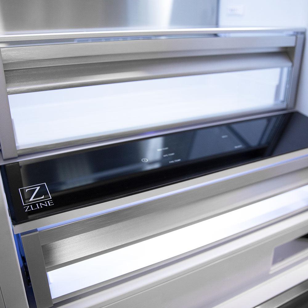 ZLINE 60 in. 32.2 cu. ft. Built-In 4-Door French Door Refrigerator with Internal Water and Ice Dispenser in Fingerprint Resistant Stainless Steel (RBIV-SN-60) features crisper drawers above internal controls.