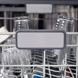 ZLINE 24 in. Panel Ready Monument Series 3rd Rack Top Touch Control Dishwasher with Stainless Steel Tub, 45dBa (DWMT-24) close-up, logo on dish rack.