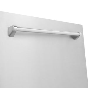 ZLINE 24 in. Monument Series 3rd Rack Top Touch Control Dishwasher with Stainless Steel Panel, 45dBa (DWMT-304-24) close-up, handle on dishwasher exterior.