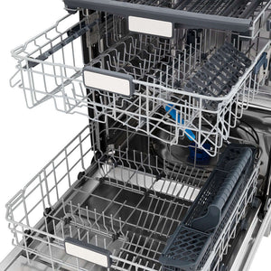ZLINE 24 in. Monument Series 3rd Rack Top Touch Control Dishwasher with Blue Matte Panel, 45dBa (DWMT-24-BM) close-up, dish racks, empty.