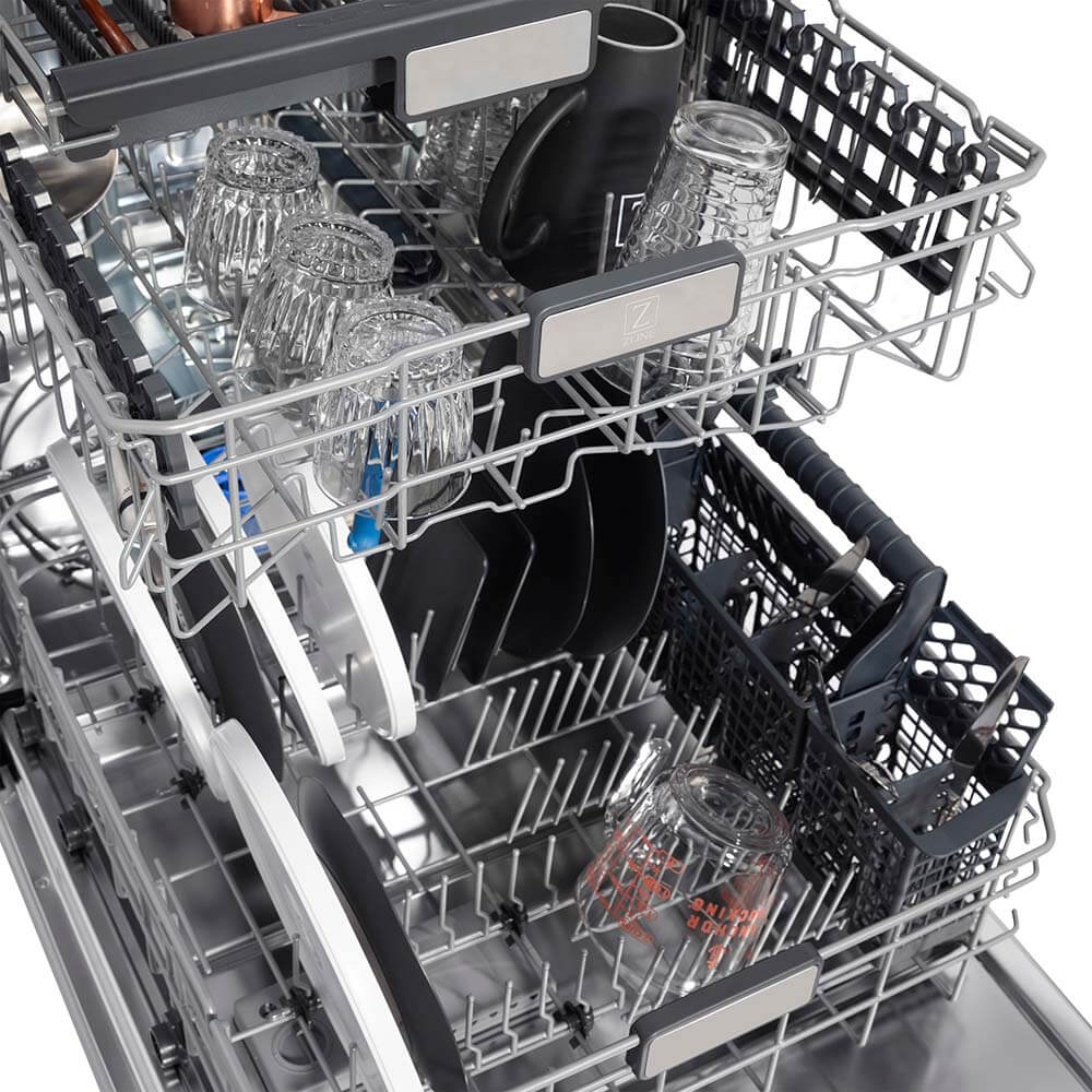 ZLINE 24 in. Monument Series 3rd Rack Top Touch Control Dishwasher with Blue Gloss Panel, 45dBa (DWMT-24-BG) close-up, dishes loaded on dish racks.