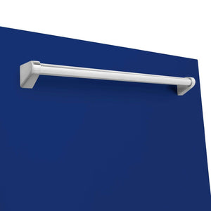 ZLINE 24 in. Monument Series 3rd Rack Top Touch Control Dishwasher with Blue Matte Panel, 45dBa (DWMT-24-BM) close-up, handle on dishwasher exterior.