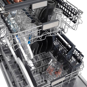 ZLINE 24 in. Monument Series 3rd Rack Top Touch Control Dishwasher with Black Stainless Steel Panel, 45dBa (DWMT-BS-24) close-up, dishes loaded on dish racks.