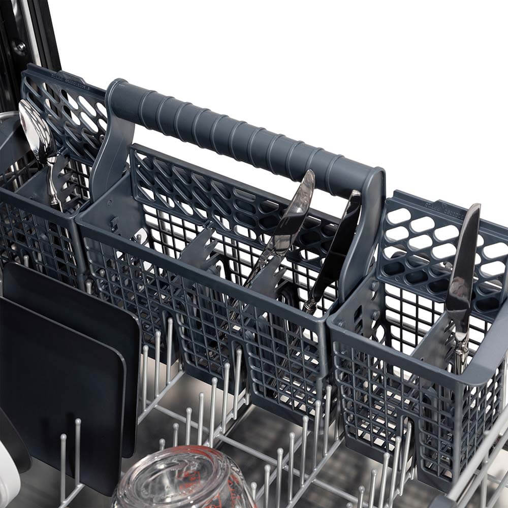 ZLINE 24 in. Monument Series 3rd Rack Top Touch Control Dishwasher with Black Stainless Steel Panel, 45dBa (DWMT-BS-24) close-up, utensil holder on bottom rack.