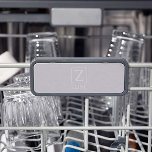 ZLINE 24 in. Panel-Included Monument Series 3rd Rack Top Touch Control Dishwasher with White Matte Panel, 45dBa (DWMT-WM-24) close-up, logo on dish rack.