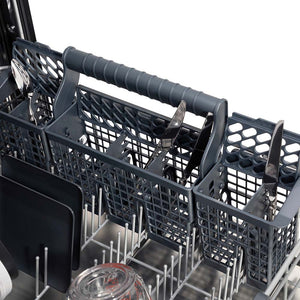 ZLINE 24 in. Panel-Included Monument Series 3rd Rack Top Touch Control Dishwasher with White Matte Panel, 45dBa (DWMT-WM-24) close-up, utensil holder on bottom rack.