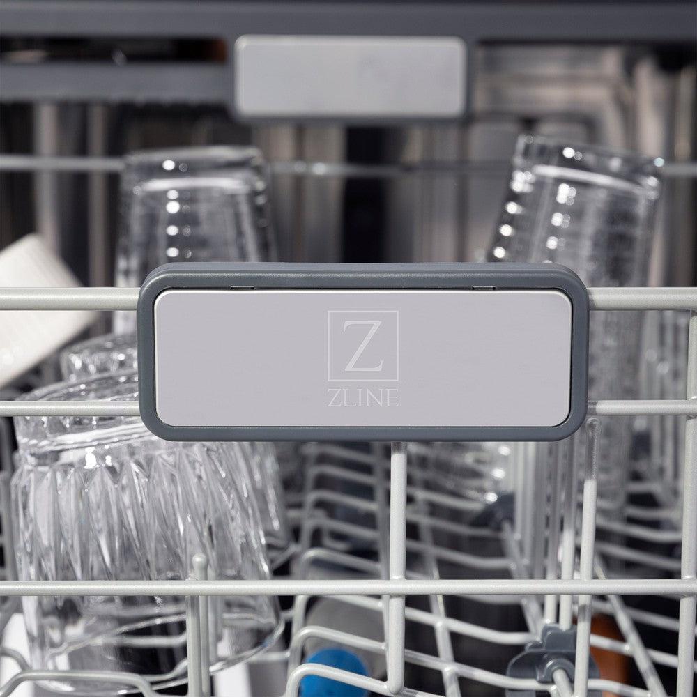 ZLINE Autograph Edition 24 in. Monument Dishwasher with Handle (DWMTZ-24), close-up, branded dish rack.