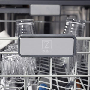 ZLINE 24 in. Monument Series 3rd Rack Top Touch Control Dishwasher with Stainless Steel Panel, 45dBa (DWMT-304-24) close-up, logo on dish rack.