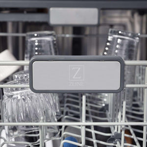 ZLINE 24 in. Monument Series 3rd Rack Top Touch Control Dishwasher with Red Gloss Panel, 45dBa (DWMT-RG-24) close-up, logo on dish rack.