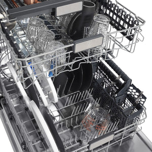 ZLINE 24 in. Monument Series 3rd Rack Top Touch Control Dishwasher with Stainless Steel Panel, 45dBa (DWMT-304-24) close-up, dishes loaded on dish racks.