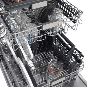 ZLINE 24 in. Monument Series 3rd Rack Top Touch Control Dishwasher with Red Gloss Panel, 45dBa (DWMT-RG-24) close-up, dishes loaded on dish racks.