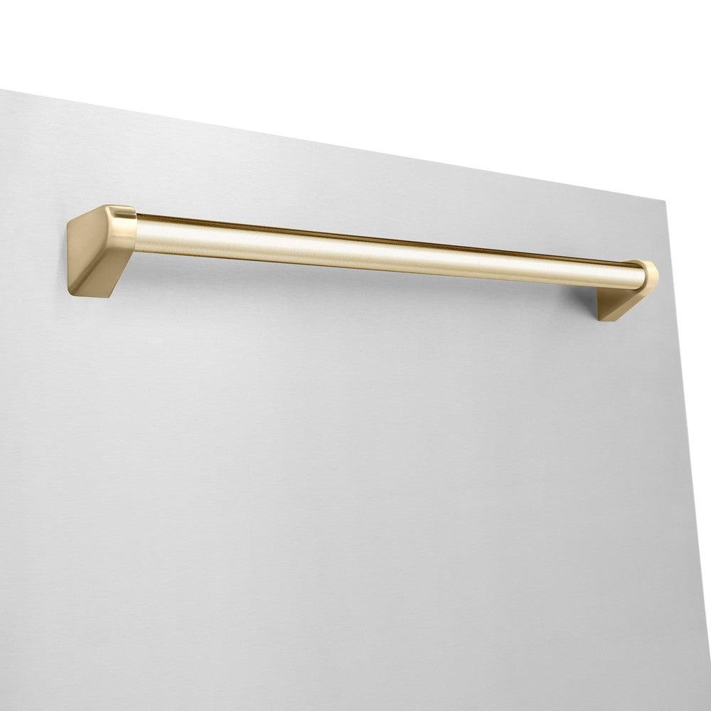 ZLINE Autograph Edition 24 in. 3rd Rack Top Touch Control Tall Tub Dishwasher in Stainless Steel with Polished Gold Handle, 45dBa (DWMTZ-304-24-G) close-up, handle on dishwasher exterior.